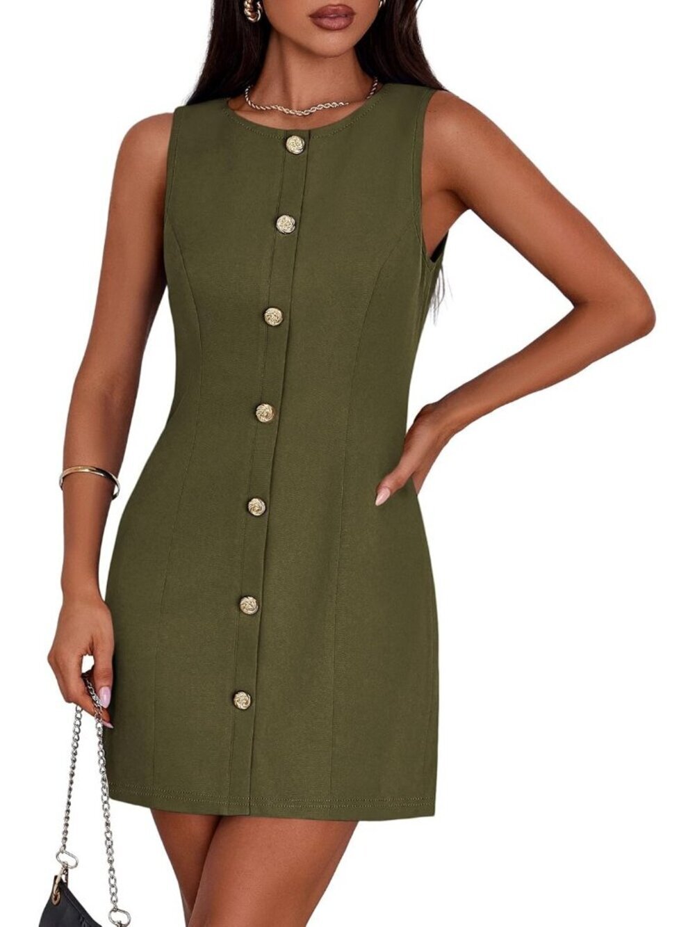 Pretty Garden Women's Army Green Sleeveless Button Down Elegant Mini Dress